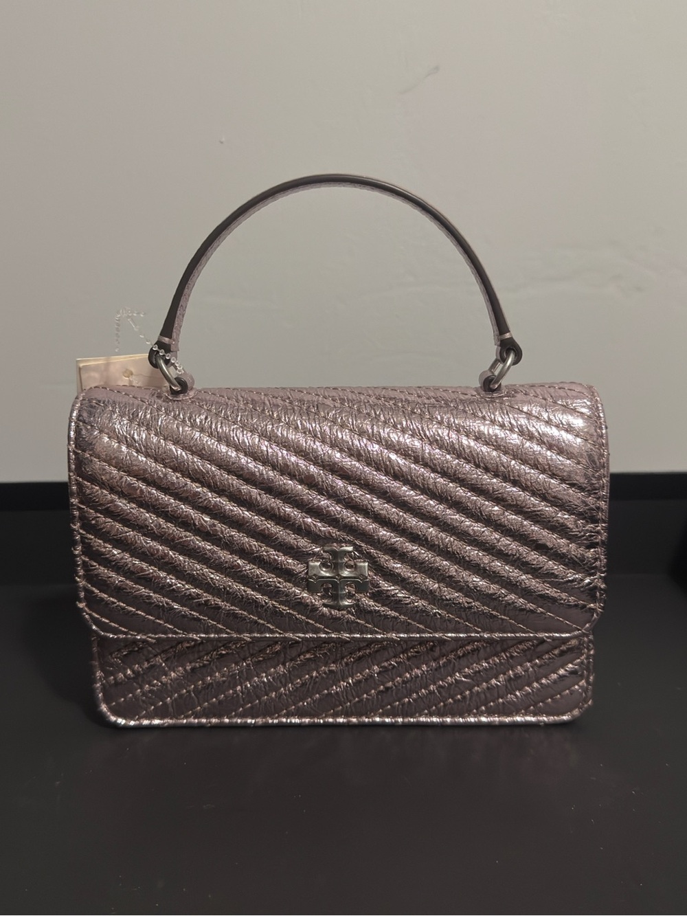 Tory Burch Kira Moto Quilted Rose Pink Metallic Top Handle Cross Body/Card Case